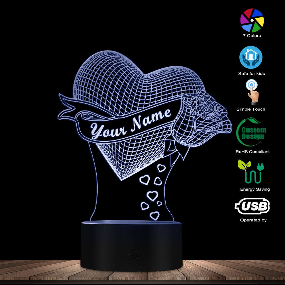 Loving Heart With Rose valentine gift Name 3D Effect Optical Illusion Table Lamp Loving Heart With Rose valentine gift Name 3D Effect Optical Illusion Table Lamp